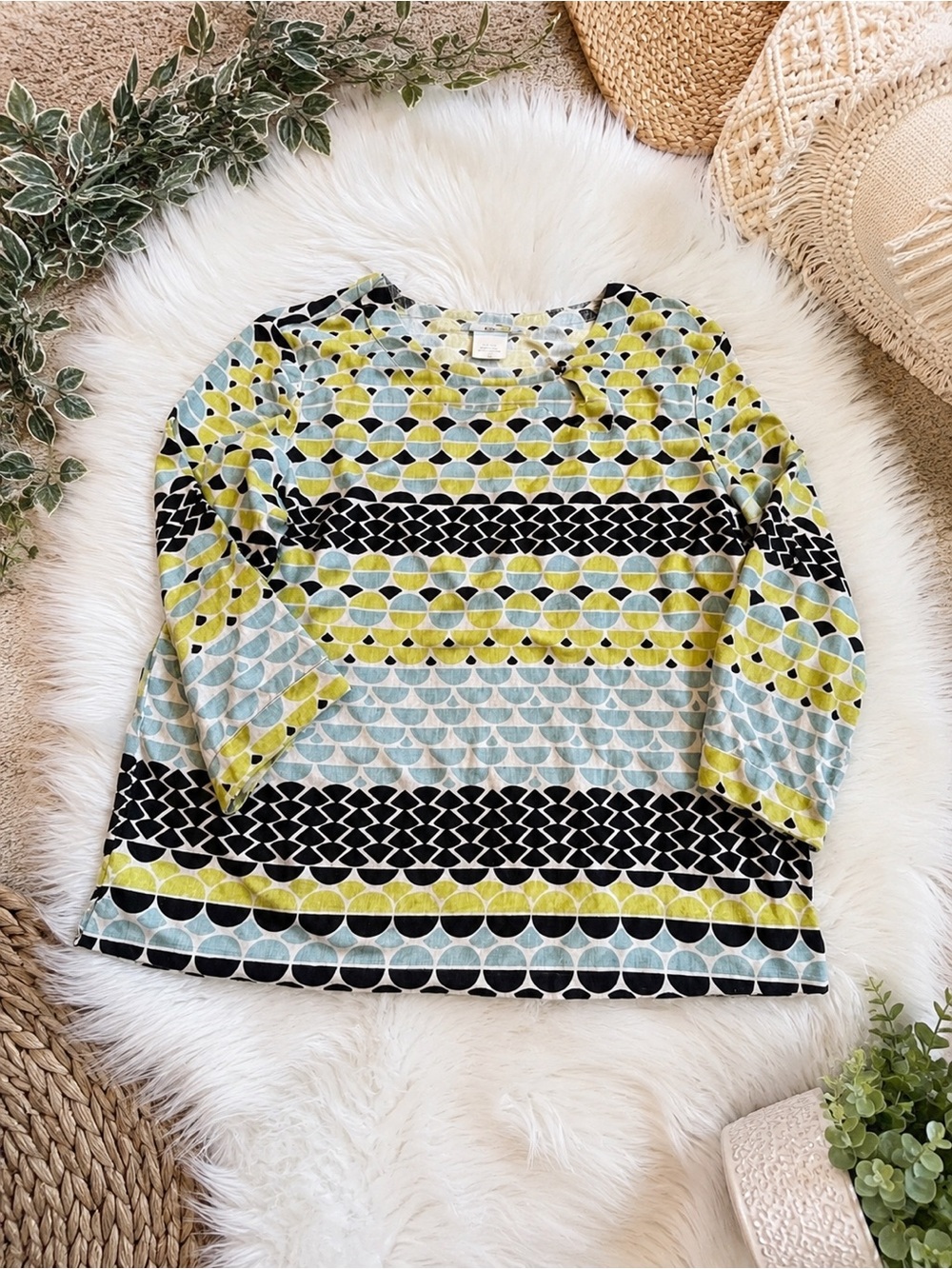 Hot Cotton 100% Linen Blue Black Yellow Shirt Blouse L Top